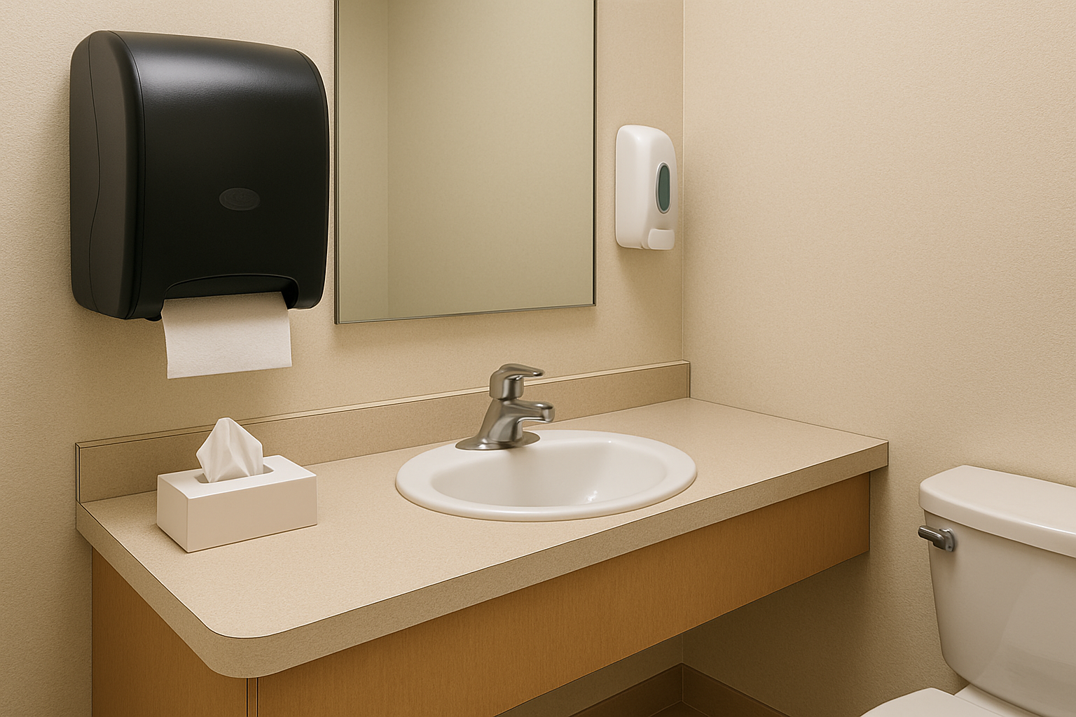 Healthcare restroom with towel and tissue dispensers, soap and odor control systems
